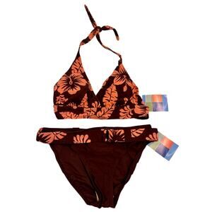 NWT Y2K Women's Ocean Dream Halter Belted Coral/Brown Bikini Set Size 12